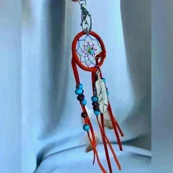 Like New  Orange Blue Dreamcatcher Feather Beads Keychain Accessory Clip On - Picture 6 of 8
